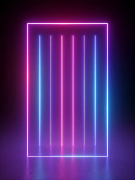 3d render, abstract vertical neon lines glowing in the dark. Laser rays virtual performance on the stage. Minimal geometric design.