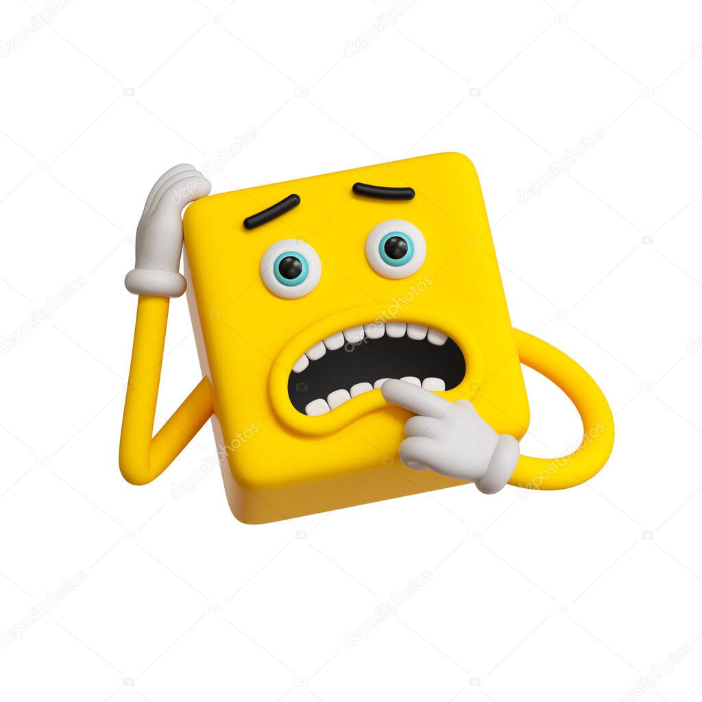 3d render, abstract emotional yellow face icon, shocked emoticon clip art isolated on white background. Scared amazed character illustration, cartoon monster in panic, square emoji, silly cubic toy