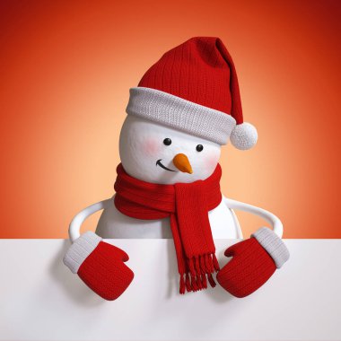 Kardan adamın elinde boş Noel afişi, kırmızı tatil geçmişi, 3D illüstrasyon, tebrik kartı şablonu