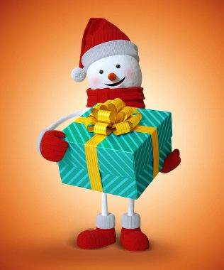 Kardan adam paketlenmiş hediye kutusu, 3 boyutlu karakter çizimi, Noel klip sanatı.