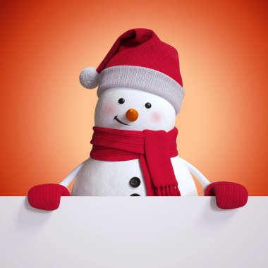 3D render, elinde boş Noel afişi tutan kardan adam, kırmızı tatil geçmişi, tebrik kartı modeli