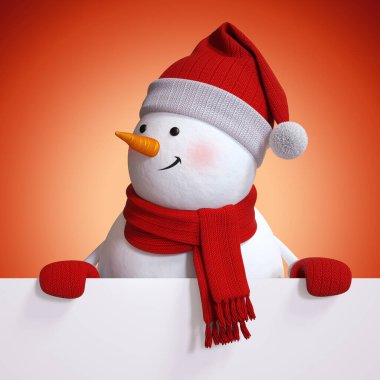 Kardan adamın elinde boş Noel afişi, kırmızı tatil geçmişi, 3D illüstrasyon, tebrik kartı modeli