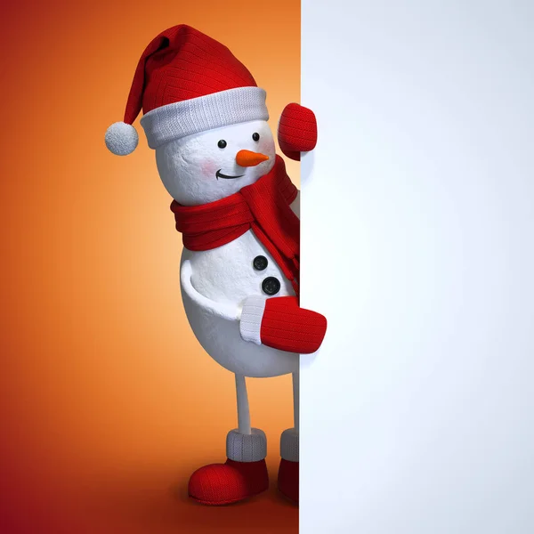 雪人手持空白圣诞横幅 躲在墙后 红色节日背景 3D插图 贺卡造型 — 图库照片