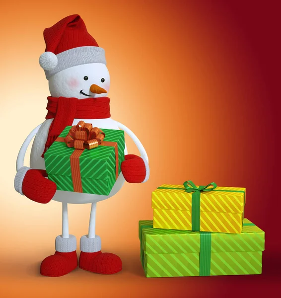 Snowman Holding Wrapped Gift Box Gifts Pile Character Illustration Christmas — Stock Photo, Image