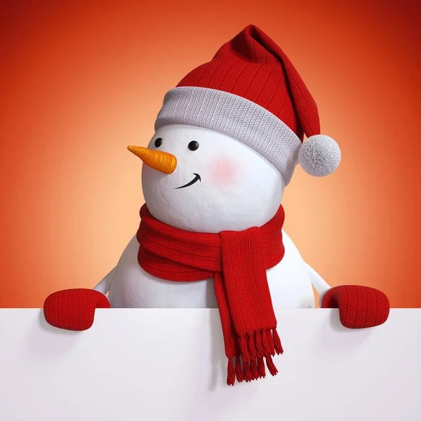 雪人手持空白圣诞横幅 红色节日背景 3D插图 贺卡造型 — 图库照片