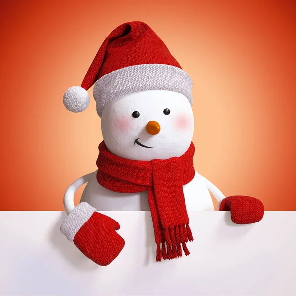 Snowman Holding Blank Christmas Banner Red Holiday Background Illustration Greeting — Stock Photo, Image