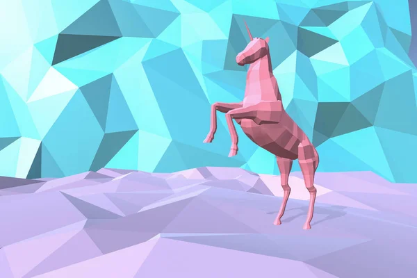 Stylized 3D mesh of a unicorn with low-poly background in pink and blue colors