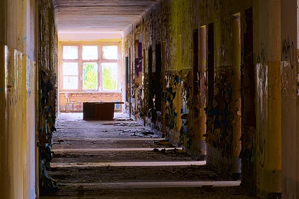 Grungy Hallway Abandoned Building Light Coming Rooms Right End Chair — Stock Photo, Image