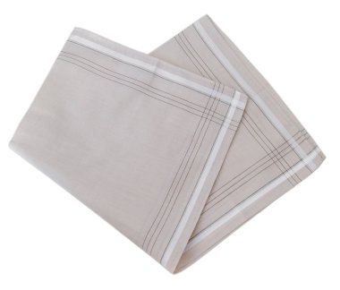 Dişli ve çizgili desenli katlanmış erkek mendili, beyaz arka planda izole edilmiş..