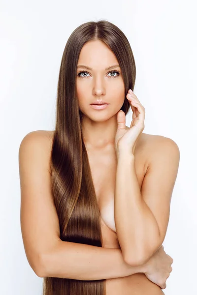 Portrait Woman Long Hair Looking Camera Isolated White Background — Stock Photo, Image