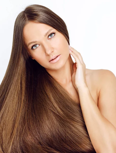 Portrait Woman Long Hair Looking Camera Isolated White Background — Stock Photo, Image