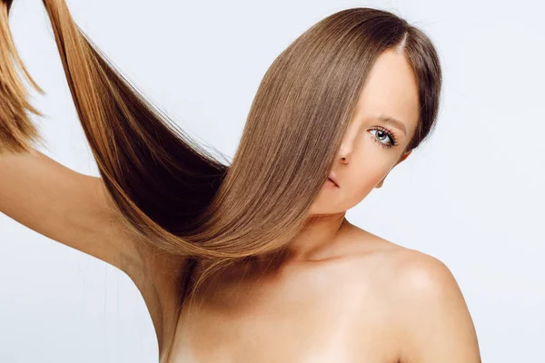 Portrait Caucasian Woman Holding Long Hair Isolated White Background — Stock Photo, Image