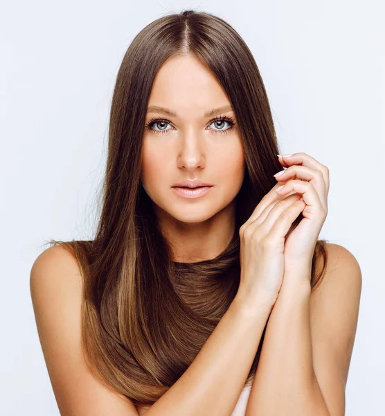 Portrait Woman Long Hair Looking Camera Isolated White Background — Stock Photo, Image