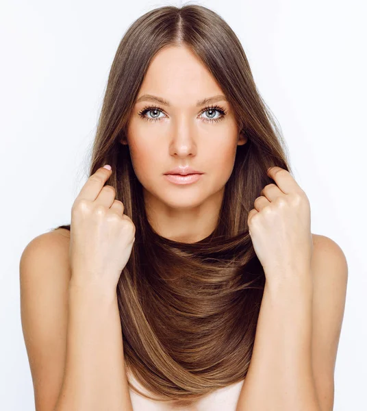 Portrait Woman Long Hair Looking Camera Isolated White Background — Stock Photo, Image