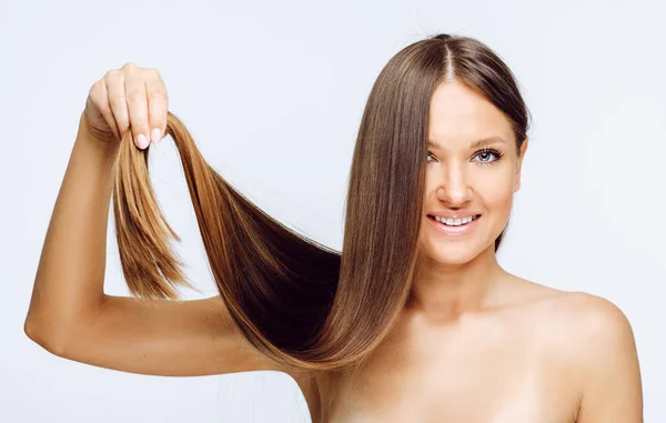 Portrait Woman Holding Long Hair Isolated White Background — Stock Photo, Image