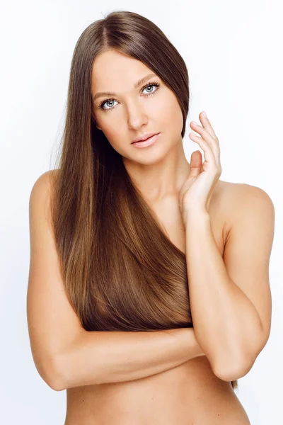 Portrait Woman Long Hair Looking Camera Isolated White Background Stock Image