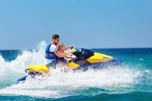Happy Excited Family Father Son Having Fun Jet Ski Summer — Stock Photo, Image