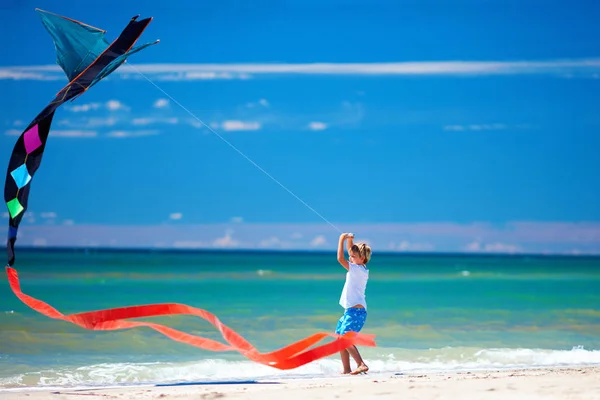 Niño Feliz Volando Una Hermosa Cometa Playa Verano — Foto de Stock