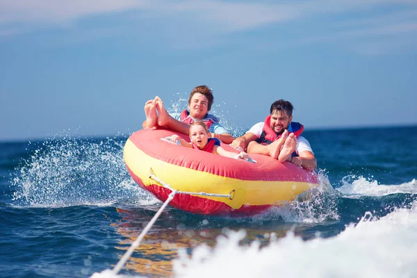 Excited Friends Family Having Fun Riding Water Tube Summer Vacation — Stock Photo, Image