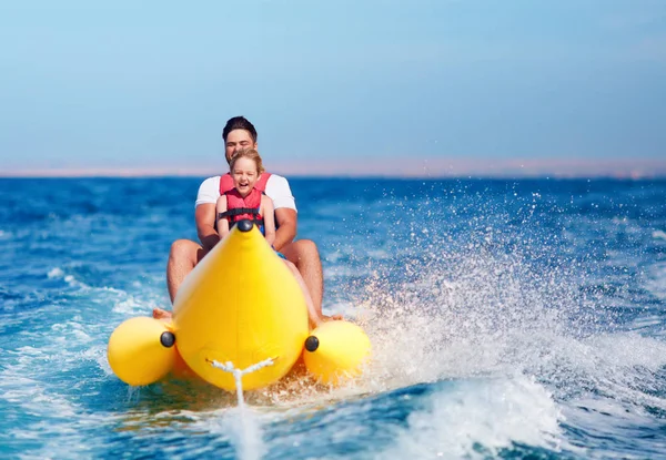 Happy Family Delighted Father Son Having Fun Riding Banana Boat — Stock Photo, Image