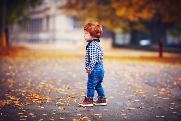 Niedliche Rothaarige Kleinkind Baby Junge Fuß Unter Fallenden Blättern Herbst — Stockfoto