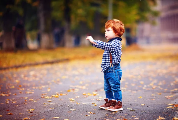 Χαριτωμένο Κοκκινομάλλα Αγοράκι Μικρό Παιδί Δείχνει Δάχτυλα Ενώ Περπάτημα Μεταξύ — Φωτογραφία Αρχείου