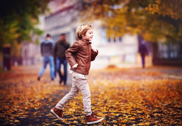 Lächelnder Kleiner Junge Kind Vergnügt Sich Herbstlichen Stadtpark Zwischen Umgefallenen — Stockfoto