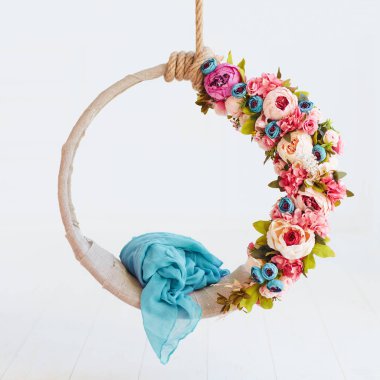 Yeni doğan bebek fotoğraf salıncağı, DIY çiçek asma çemberi