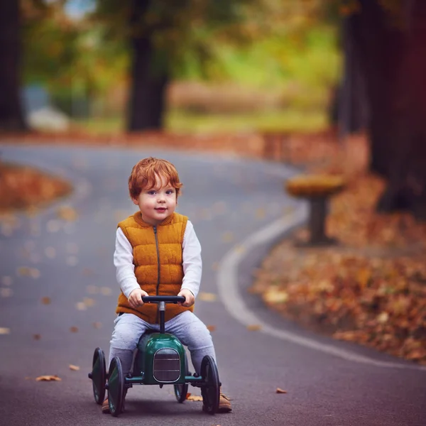 Bonito Ruiva Bebê Menino Dirigindo Empurrar Carro Outono Parque — Fotografia de Stock