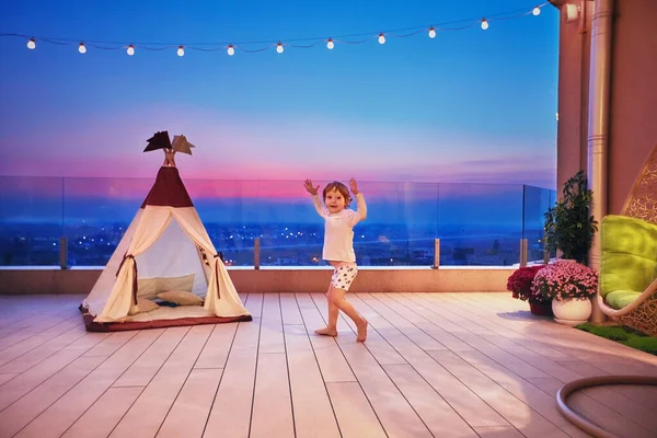 Happy Baby Boy Running All Rooftop Patio Sunset Playing Teepee — Stock Photo, Image