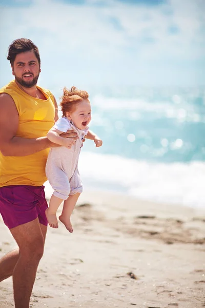 Happy Infant Baby Boy Enjoying Summer Father Playing Beach — Stock Photo, Image