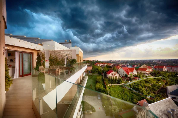 Orage Violent Approche Nuages Sombres Approchant Ville — Photo