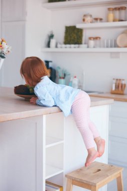 Meraklı küçük kız merdivenlerden tırmanıyor, mutfaktaki masanın üstündeki şeylere ulaşmaya çalışıyor.