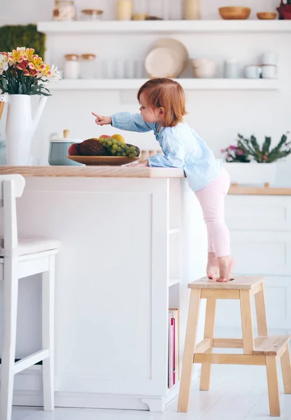 Bébé Fille Curieuse Essayant Atteindre Des Choses Sur Table Dans — Photo