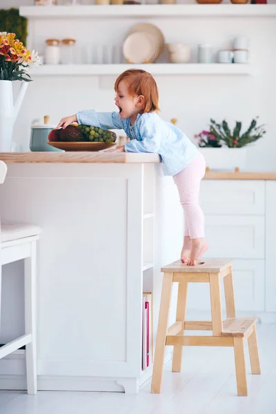 Divertida Niña Bebé Pie Taburete Acogedora Cocina Casa — Foto de Stock