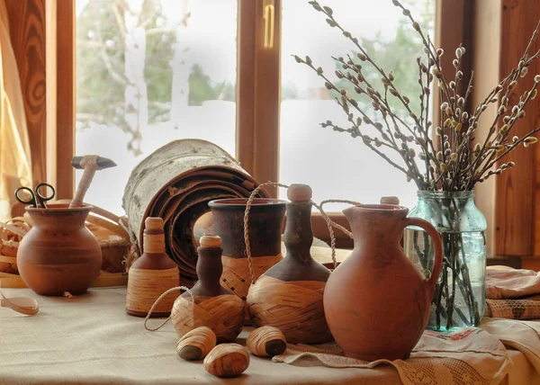 Ceramica Con Corteccia Betulla Bouquet Salici — Foto Stock