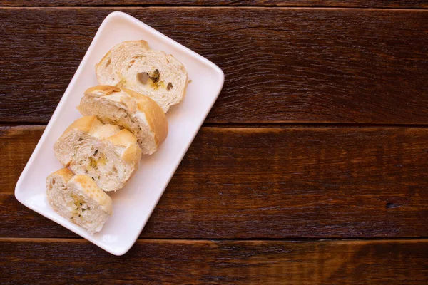 White Dish Toasted Bread Wooden Background Top View Copy Space — 图库照片