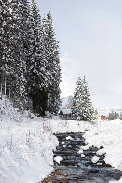 Winterlandschaft Mit Traditioneller Almhütte Den Österreichischen Alpen — Stockfoto