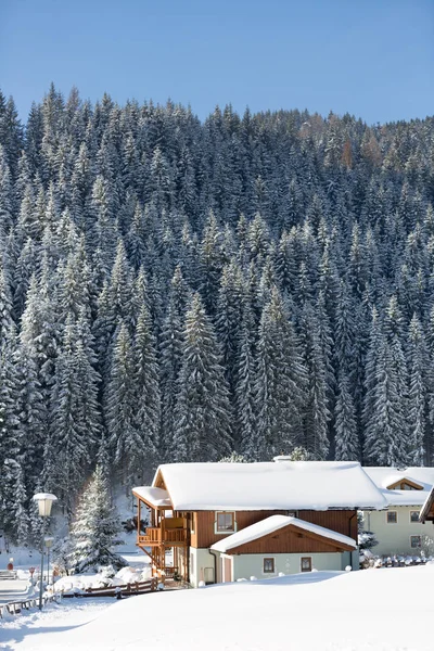 Winter vacation holiday house in the mountains covered with snow. Pine trees forest and blue sky in the background