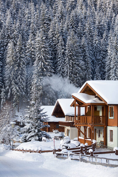 Зимняя концепция. Деревянный дом в горах, покрытый снегом. Сосновый лес на заднем плане
