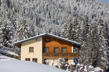 Avusturya Alpleri'nde geleneksel tatil evi. Kış manzarası