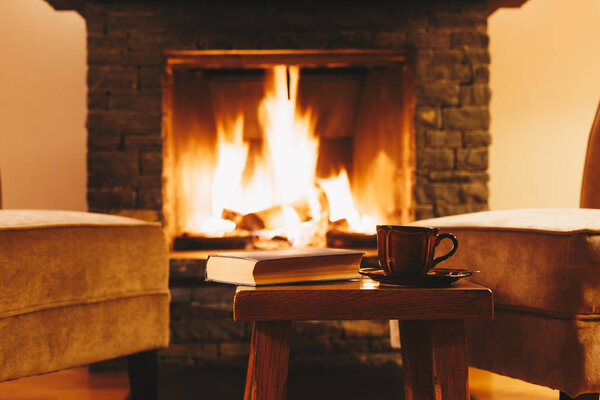 Зимняя концепция. Горящий камин с чашкой горячей сушки
