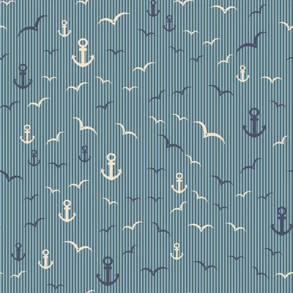 Морской бесшовный рисунок с якорем и чайками . — стоковый вектор