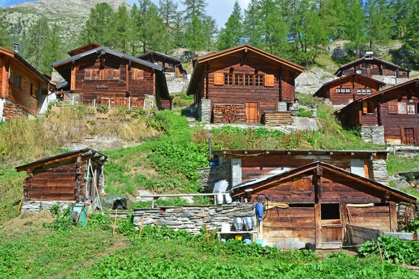 Traditional Swiss Mountain Chalets Mountain Summer Hamlet Small Farm Foreground — Stock Photo, Image