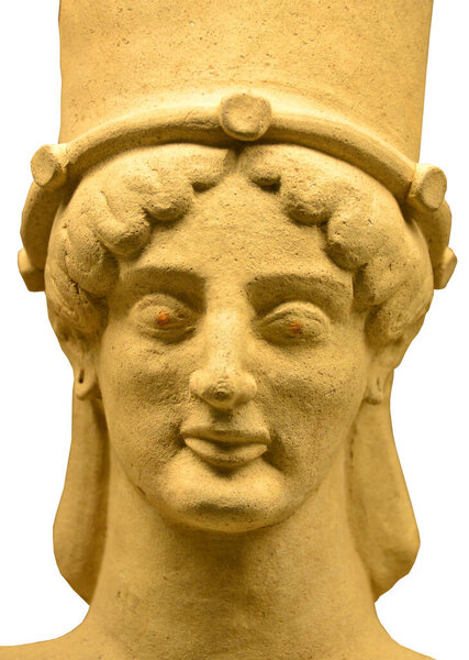 Ancient Greek Sculpture of a woman's head with long  hair and a piercing gaze. Dated to 600BC