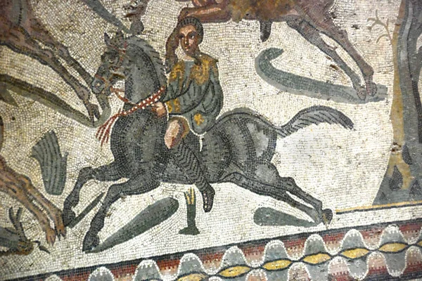 Ancient Roman Mosaic Deer Hunt Mostrando Cavaleiro Sem Estribos Perseguindo — Fotografia de Stock