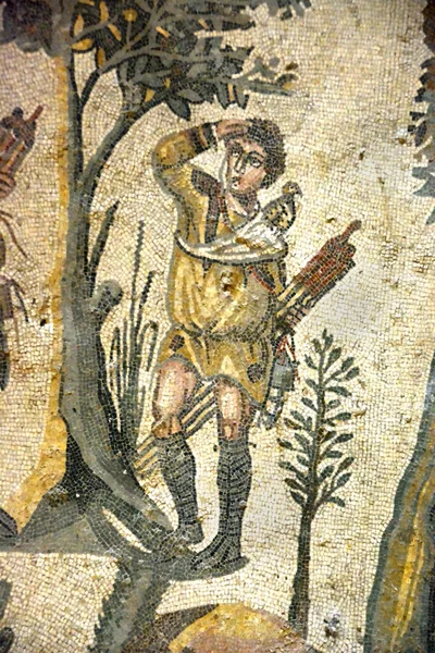 Ancient Roman Mosaic Partridge Hunting Mostrando Caçador Com Varas Para — Fotografia de Stock