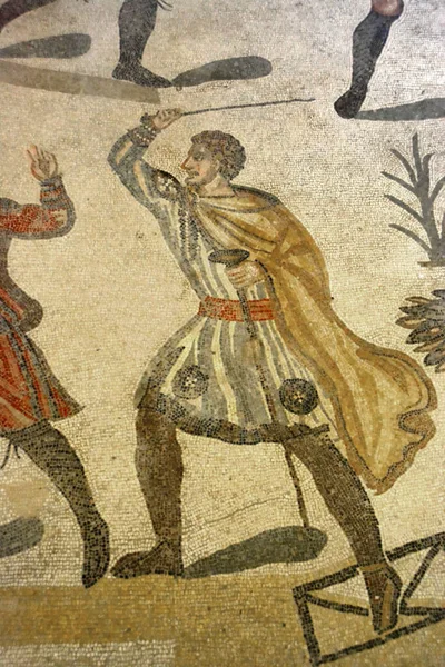 Antik Roma Mozaiği Bir Amirin Bir Işçiye Sopayla Vurduğu Sahne — Stok fotoğraf