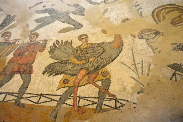 Antigua Escena Mosaico Romano Que Muestra Hombre Romano Llevando Avestruz —  Fotos de Stock