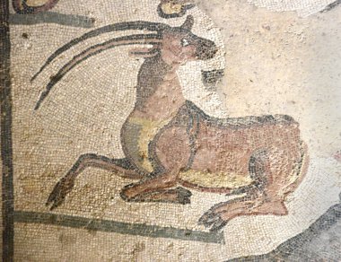 Büyük Av Koridoru 'nda Doğu Afrika' dan bir Onyx 'in antik Roma mozaiği. UNESCO listesinden Villa Romana del Casale, Sicilya